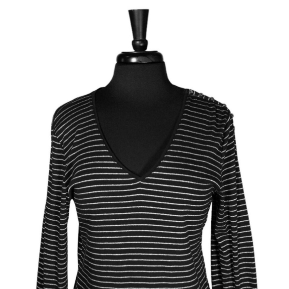 Ralph Lauren Womens Blouse Black Silver Striped Metallic Button Knit Top Size XL - Picture 6 of 6